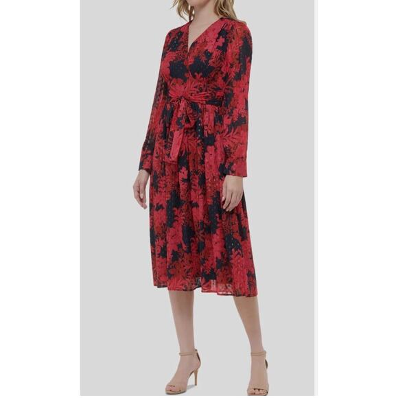 Tommy Hilfiger Women's Red Glitter-Dot Floral V-Neck Self-Tie Dress Size 12 - Picture 8 of 10